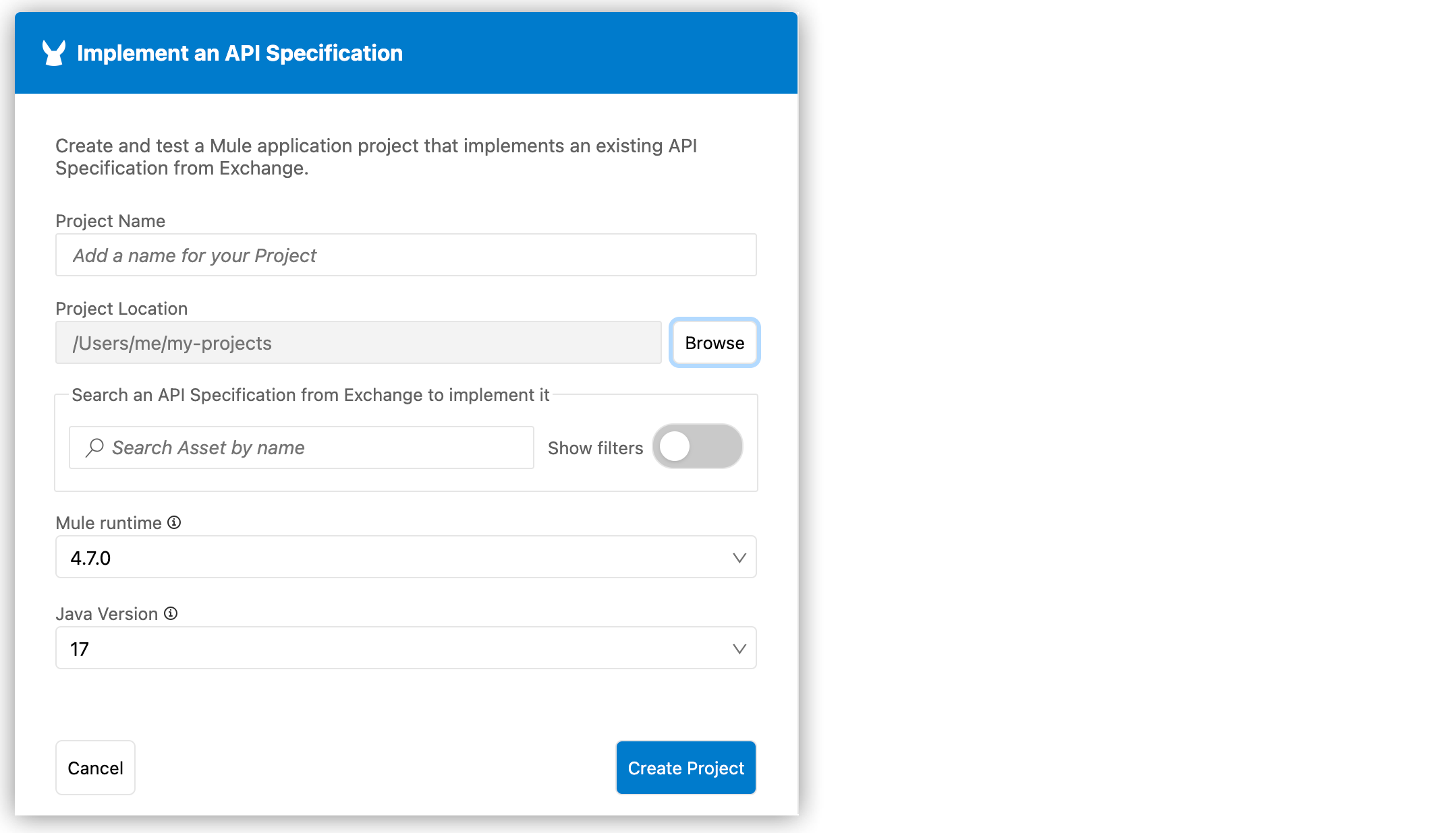 実装プロジェクトの開始フォーム