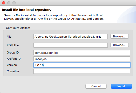 [Install file into local repository (ローカルリポジトリにファイルをインストール)] ウィンドウ